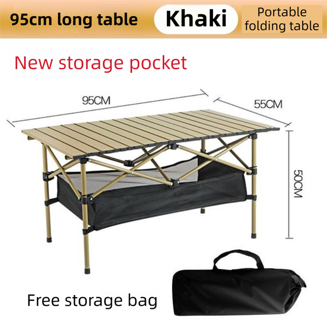 95CM Khaki Portable Folding Egg Roll Camping Table Plus 4-Pack 36CM Chairs with Storage Bag – product detail