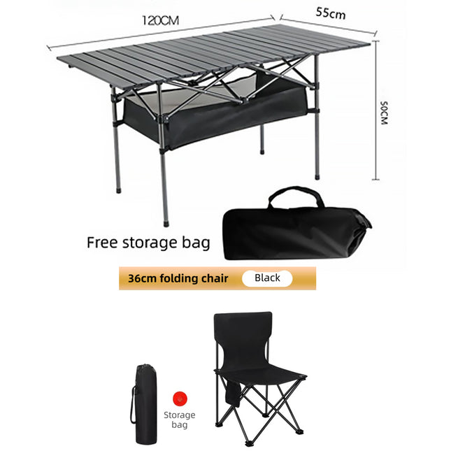 120CM Black Portable Folding Egg Roll Camping Table Plus 4-Pack 36CM Chairs with Storage Bag