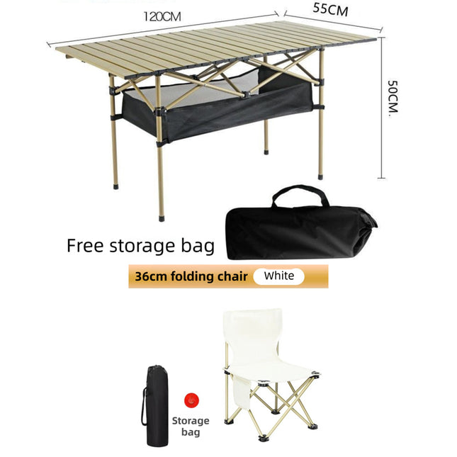 120CM Khaki Portable Folding Egg Roll Camping Table Plus 4-Pack 36CM Chairs with Storage Bag