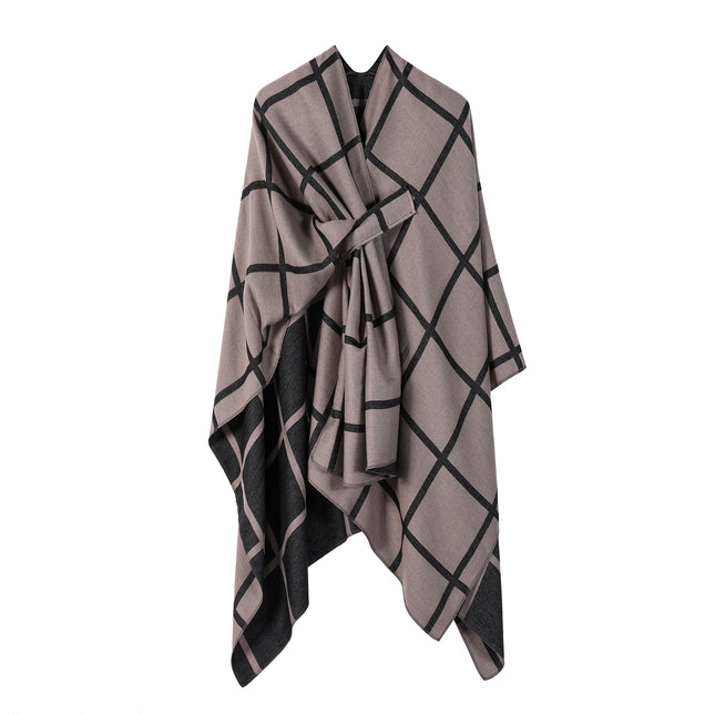 Brown Elegant Check Knit Travel Shawl with Stylish Side-Slit Design