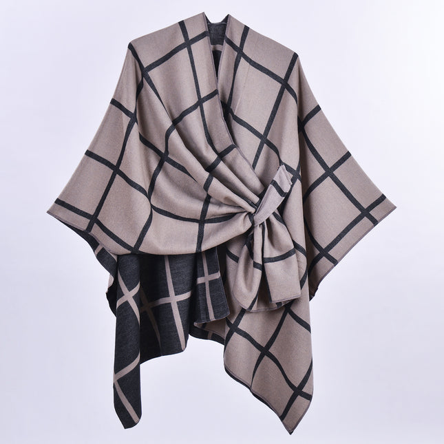 Brown Elegant Check Knit Travel Shawl with Stylish Side-Slit Design – product detail