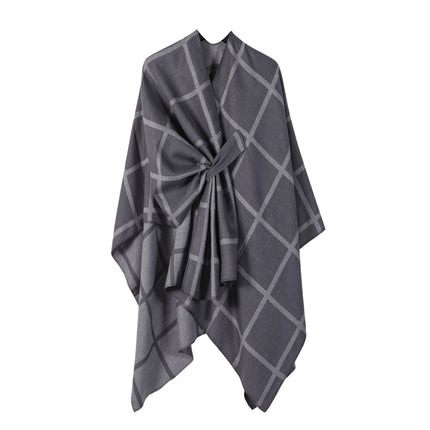 Grey Elegant Check Knit Travel Shawl with Stylish Side-Slit Design - Fall & Winter Luxurious Cashmere-Feel Pullover Cape (135 x 155 CM)