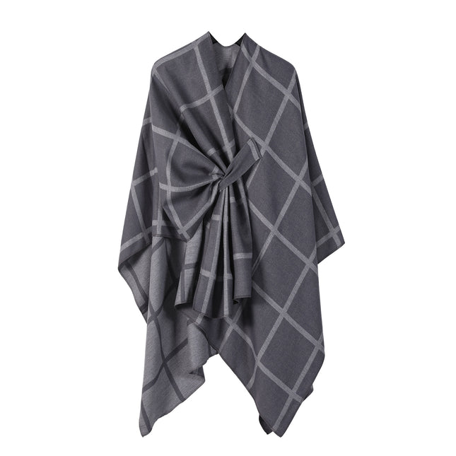 Grey Elegant Check Knit Travel Shawl with Stylish Side-Slit Design