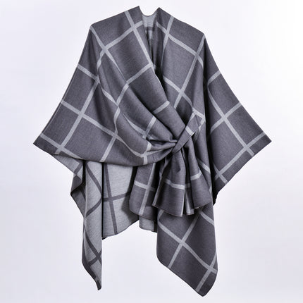 Grey Elegant Check Knit Travel Shawl with Stylish Side-Slit Design - Fall & Winter Luxurious Cashmere-Feel Pullover Cape (135 x 155 CM)