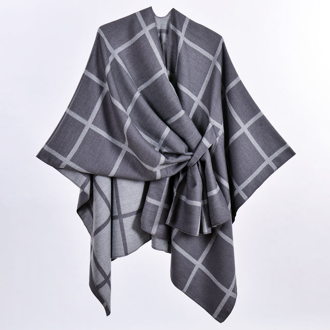 Grey Elegant Check Knit Travel Shawl with Stylish Side-Slit Design – product detail