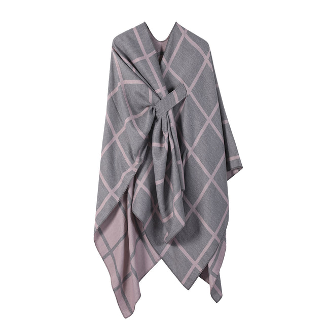 Grey and Pink Elegant Check Knit Travel Shawl with Stylish Side-Slit Design