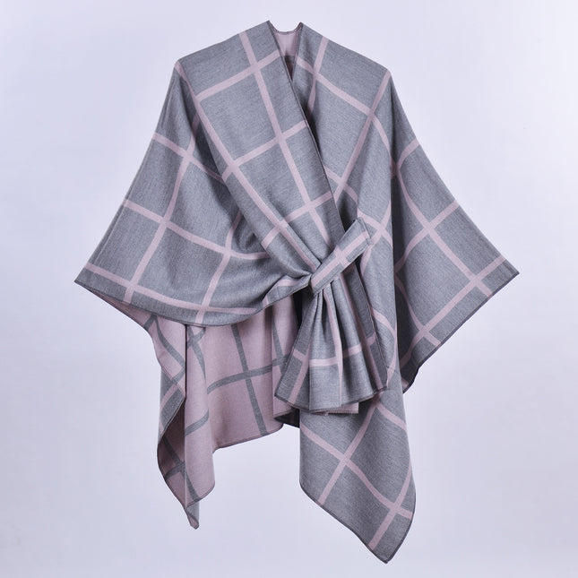 Grey and Pink Elegant Check Knit Travel Shawl with Stylish Side-Slit Design – product detail