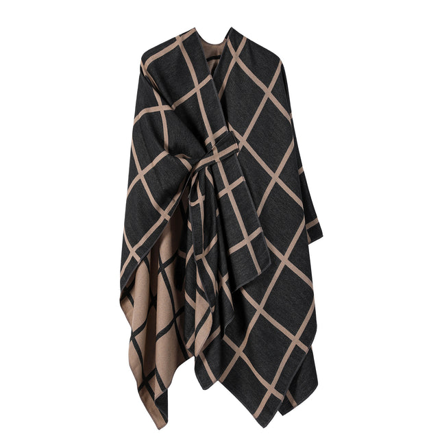 Black and Brown Elegant Check Knit Travel Shawl with Stylish Side-Slit Design