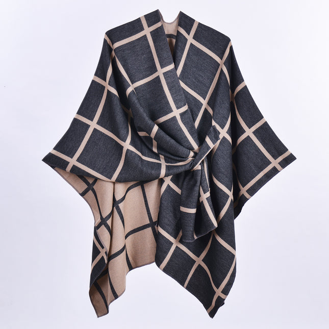 Black and Brown Elegant Check Knit Travel Shawl with Stylish Side-Slit Design – product detail
