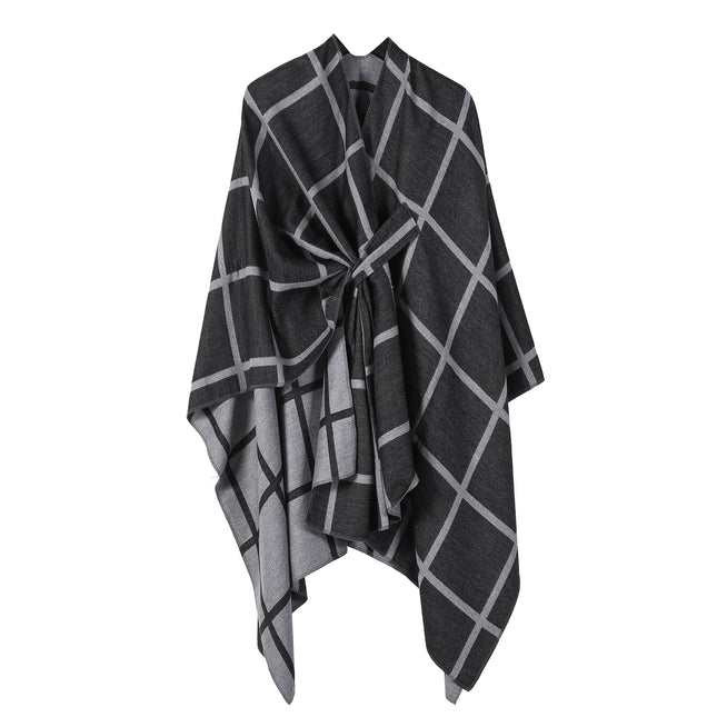 Black and Grey Elegant Check Knit Travel Shawl with Stylish Side-Slit Design