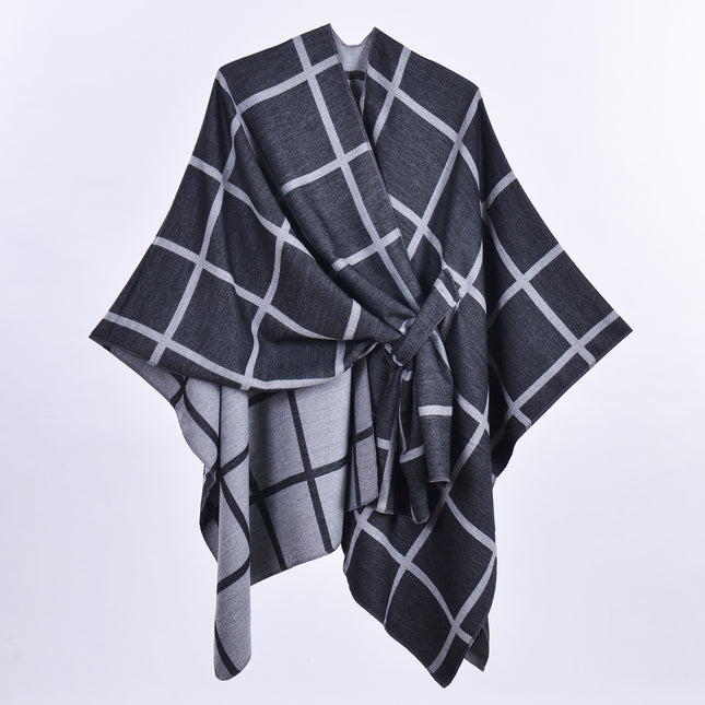 Black and Grey Elegant Check Knit Travel Shawl with Stylish Side-Slit Design – product detail