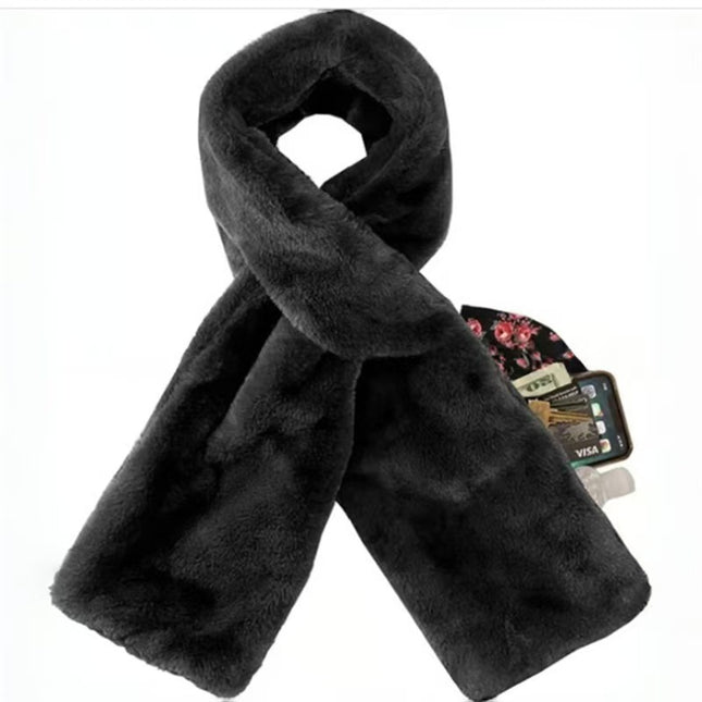 Black Soft Faux Fur Scarf with 15x20CM Hidden Zipper Pocket