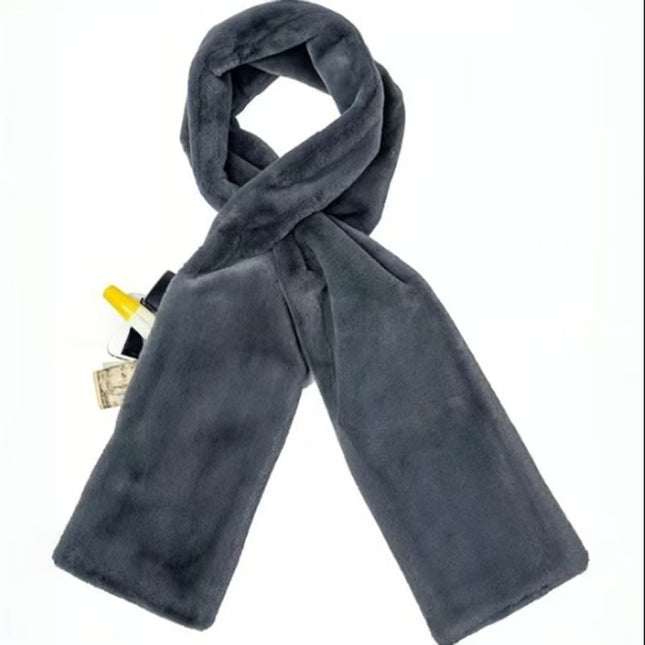Grey Soft Faux Fur Scarf with 15x20CM Hidden Zipper Pocket