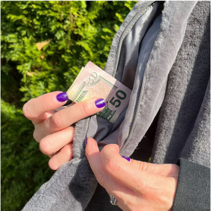 Grey Soft Faux Fur Scarf with 15x20CM Hidden Zipper Pocket - Anti-Theft Travel Scarf  for Phone, Passport and Essentials
