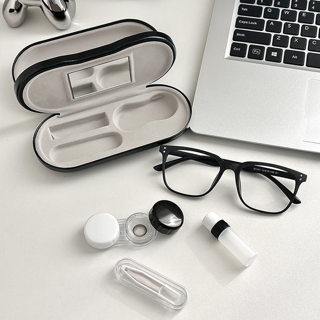 Black Leather Dual-Layer Eyewear Case with Mirror & Lens Care Kit