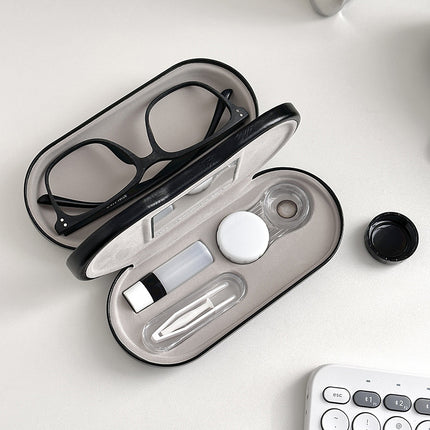 Black Leather Dual-Layer Eyewear Case with Mirror & Lens Care Kit - Rigid Travel Organizer for Glasses and Contact Lenses