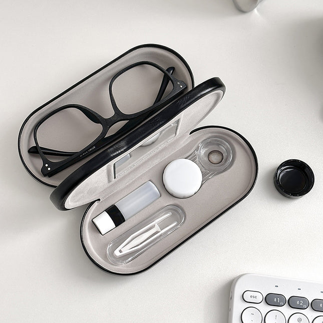 Black Leather Dual-Layer Eyewear Case with Mirror & Lens Care Kit – product detail