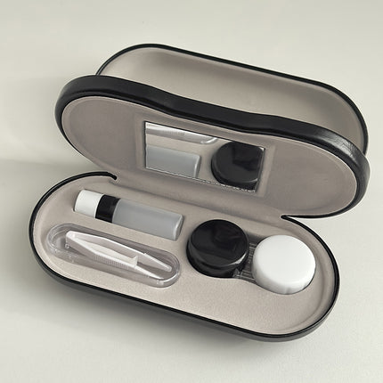 Black Leather Dual-Layer Eyewear Case with Mirror & Lens Care Kit - Rigid Travel Organizer for Glasses and Contact Lenses