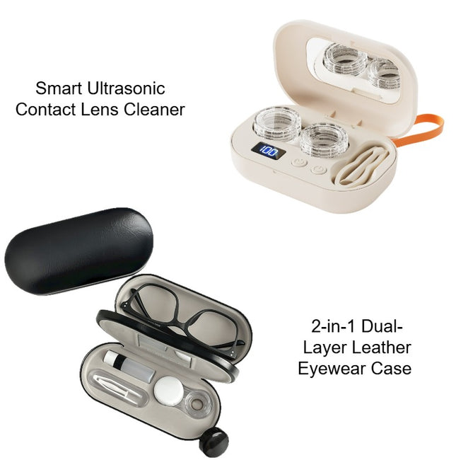 Premium Eye Care Travel Set 2-in-1 Black Dual-Layer Leather Eyewear Case and Smart Ultrasonic Contact Lens