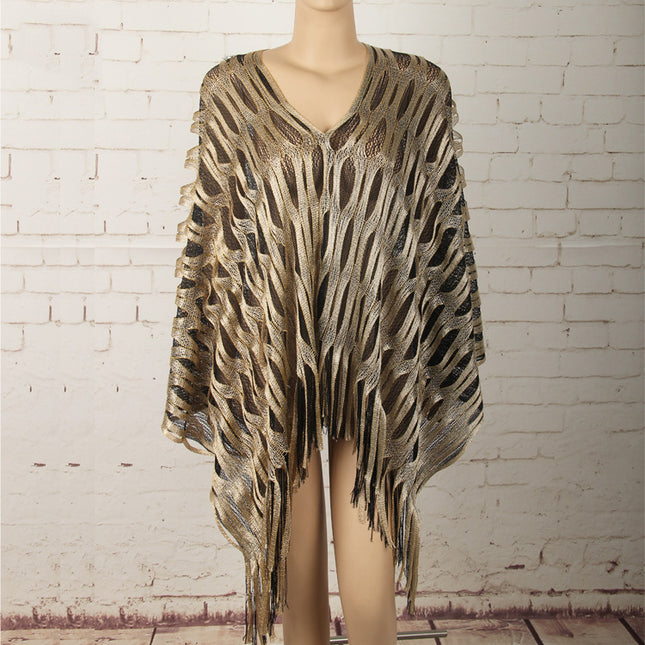 Gold Boho Hollow-Out Wave Poncho Shawl with Tassel Hem