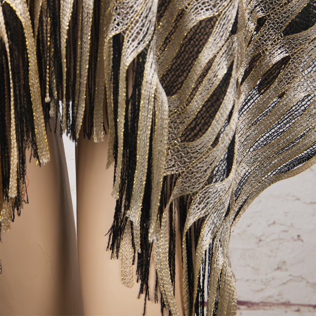 Gold Boho Hollow-Out Wave Poncho Shawl with Tassel Hem – product detail