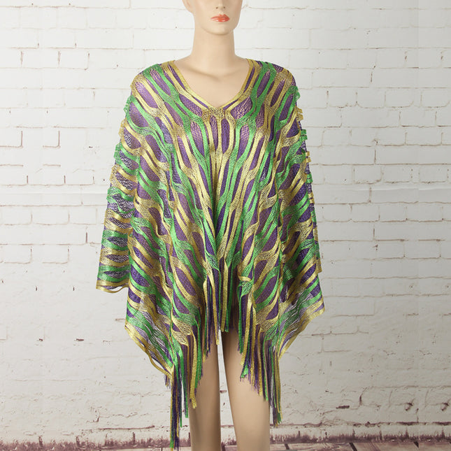 Green Boho Hollow-Out Wave Poncho Shawl with Tassel Hem