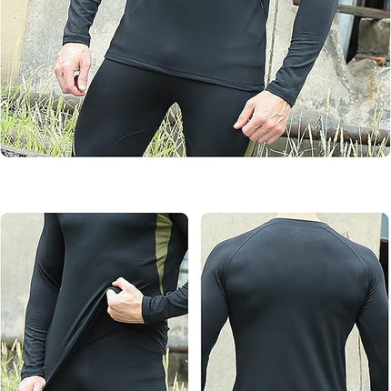 M Size Black Men's Tactical 4-Way Stretch Fleece Lined Thermal Underwear Set - Winter Sweat-Wicking & Breathable Sportswear for Training & Outdoors