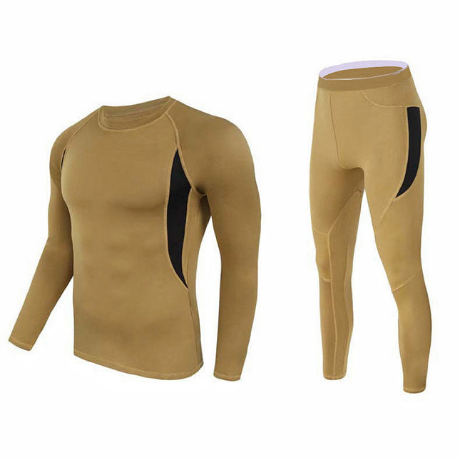 L Size Khaki Men's Tactical 4-Way Stretch Fleece Lined Thermal Underwear Set