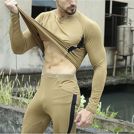 L Size Khaki Men's Tactical 4-Way Stretch Fleece Lined Thermal Underwear Set - Winter Sweat-Wicking & Breathable Sportswear for Training & Outdoors