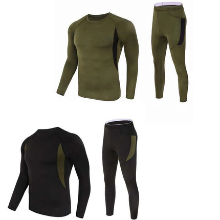 2-Pack M Size Men's Tactical 4-Way Stretch Fleece Lined Thermal Underwear Set(Black + Green) - Winter Sweat-Wicking & Breathable Sportswear for Training & Outdoors