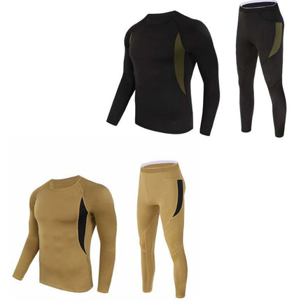 2-Pack XL Size Men's Tactical 4-Way Stretch Fleece Lined Thermal Underwear Set(Black + Khaki) - Winter Sweat-Wicking & Breathable Sportswear for Training & Outdoors