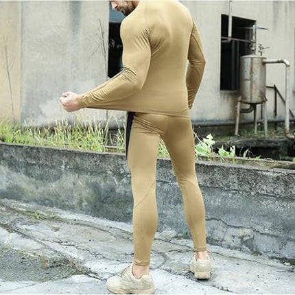 2-Pack XL Size Men's Tactical 4-Way Stretch Fleece Lined Thermal Underwear Set(Black + Khaki) - Winter Sweat-Wicking & Breathable Sportswear for Training & Outdoors