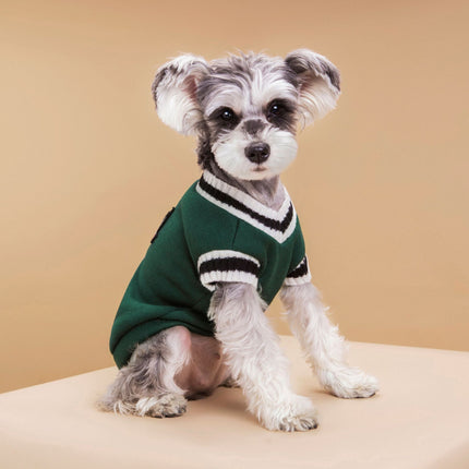 4-Pack M Size Preppy Style V-Neck Knitted Cotton Pet Sweater - Hair-Resistant & Breathable, Classic Fleece-Lined Pullover for Cats and Dogs(Green + Red + Khaki + Grey)