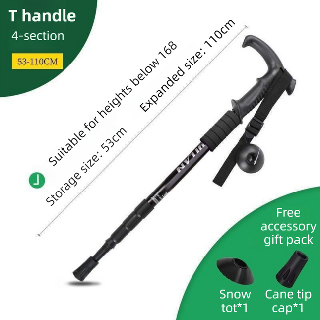 53-110 CM Black Ultralight Telescopic Aluminum Trekking Pole (4-Section T-Handle)