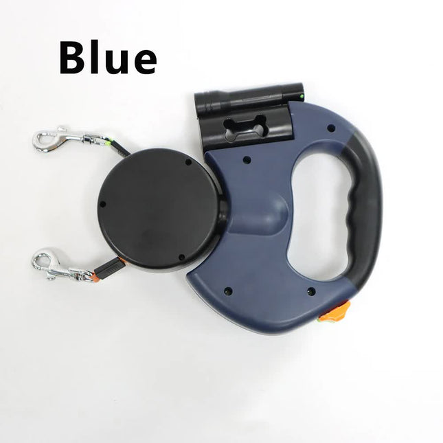 Blue One-to-Two Retractable Dog Leash with One-Click Safety Lock & Night Light