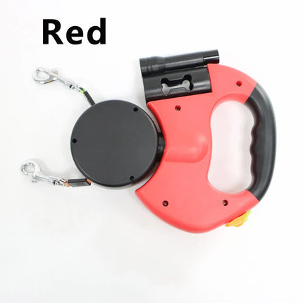Red One-to-Two Retractable Dog Leash with One-Click Safety Lock & Night Light - 3M Tangle-Free 360° Rotation Walking Leash