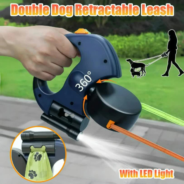 Red One-to-Two Retractable Dog Leash with One-Click Safety Lock & Night Light – product detail
