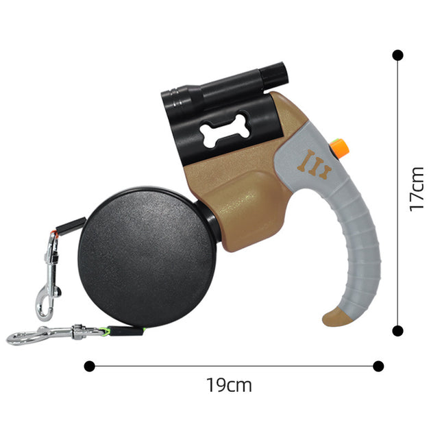 Brown and Grey One-to-Two Retractable Dog Leash with One-Click Safety Lock & Night Light