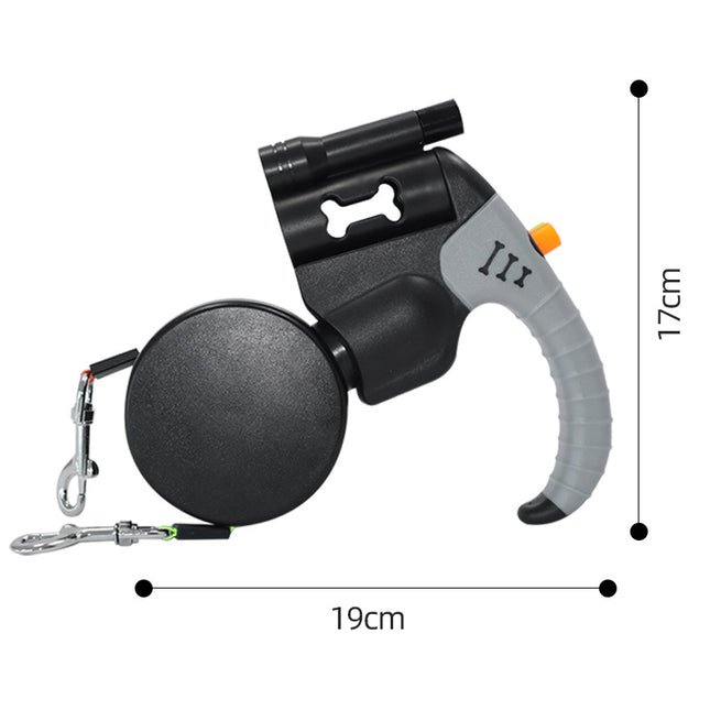 Black and Grey One-to-Two Retractable Dog Leash with One-Click Safety Lock & Night Light