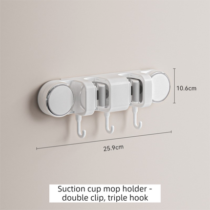 White Vacuum Suction Cup Mop & Broom Holder with 2 Roller Clips + 3 Hooks - Heavy Duty Waterproof Rack for Bathroom & Kitchen