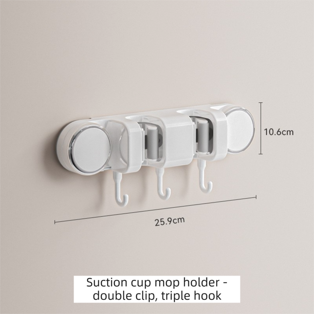 White Vacuum Suction Cup Mop & Broom Holder with 2 Roller Clips Plus 3 Hooks