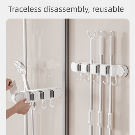 White Vacuum Suction Cup Mop & Broom Holder with 2 Roller Clips + 3 Hooks - Heavy Duty Waterproof Rack for Bathroom & Kitchen