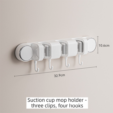 White Vacuum Suction Cup Mop & Broom Holder with 3 Roller Clips + 4 Hooks - Heavy Duty Waterproof Rack for Bathroom & Kitchen