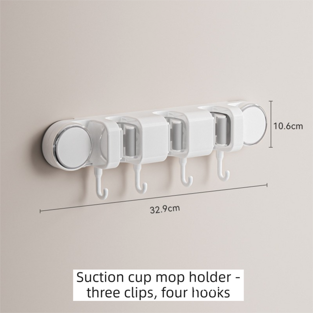 White Vacuum Suction Cup Mop & Broom Holder with 3 Roller Clips Plus 4 Hooks