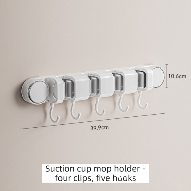 White Vacuum Suction Cup Mop & Broom Holder with 4 Roller Clips Plus 5 Hooks
