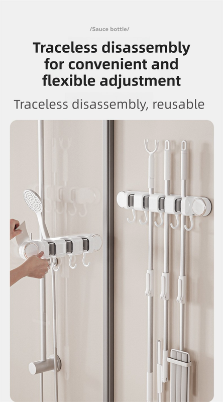 White Vacuum Suction Cup Mop & Broom Holder with 4 Roller Clips Plus 5 Hooks – product detail