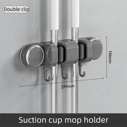 Grey Vacuum Suction Cup Mop & Broom Holder with 2 Roller Clips + 3 Hooks - Heavy Duty Waterproof Rack for Bathroom & Kitchen