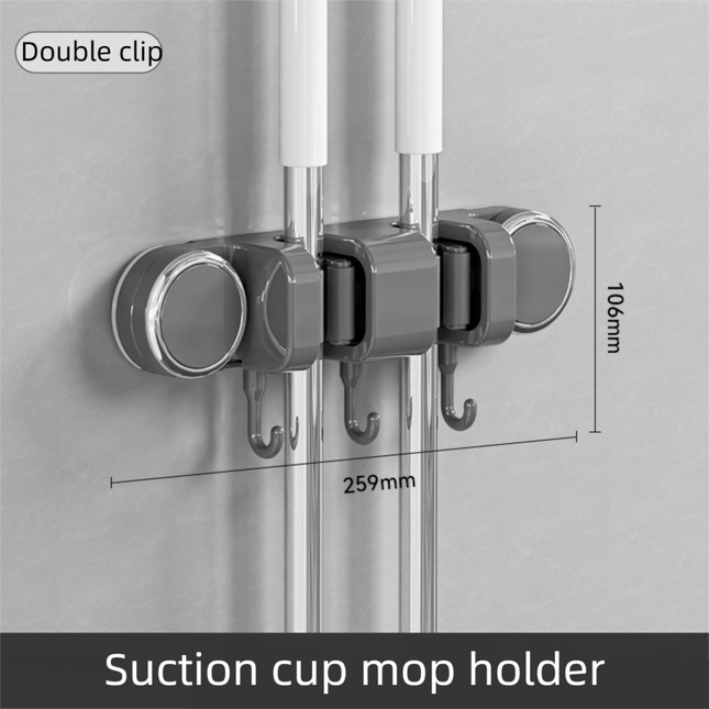Grey Vacuum Suction Cup Mop & Broom Holder with 2 Roller Clips Plus 3 Hooks