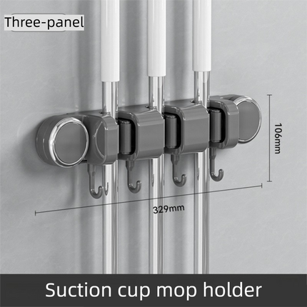 Grey Vacuum Suction Cup Mop & Broom Holder with 3 Roller Clips + 4 Hooks - Heavy Duty Waterproof Rack for Bathroom & Kitchen