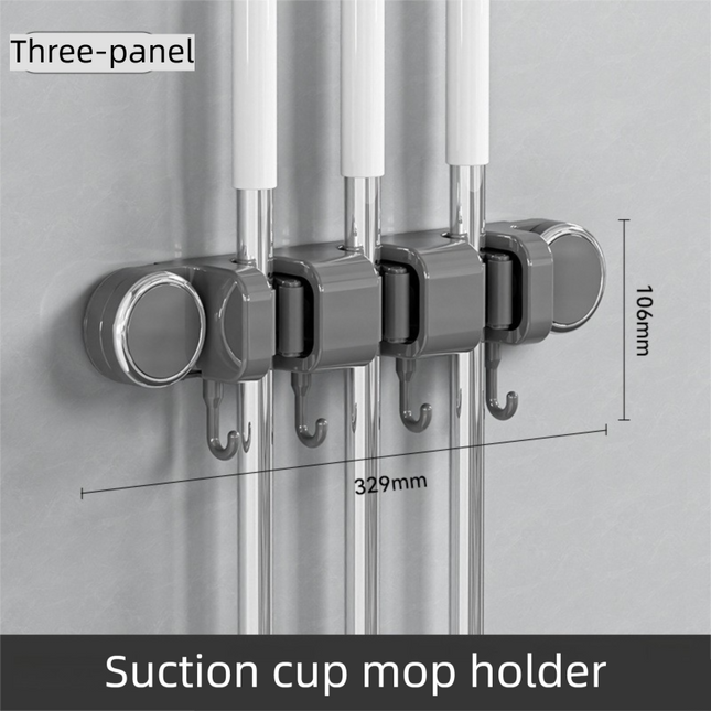 Grey Vacuum Suction Cup Mop & Broom Holder with 3 Roller Clips Plus 4 Hooks
